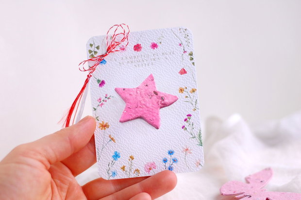 Martisor hartie plantabila - steluta cu seminte si petale de flori
