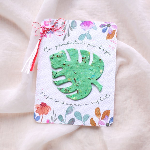 Martisor plantabil - Monstera deliciosa cu insertii de seminte si petale de flori