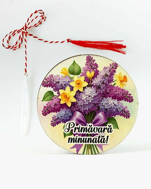Martisor cu flori de liliac si narcise galbene