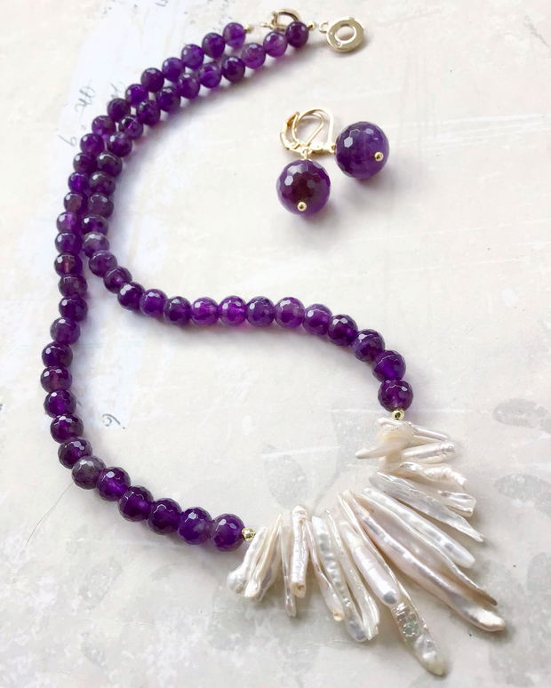 Colier ametist & perle Biwa albe