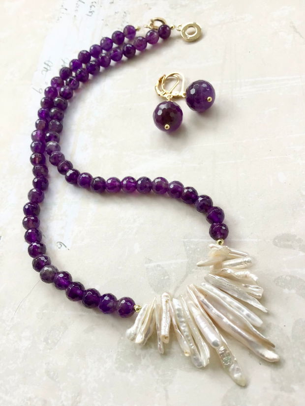 Colier ametist & perle Biwa albe