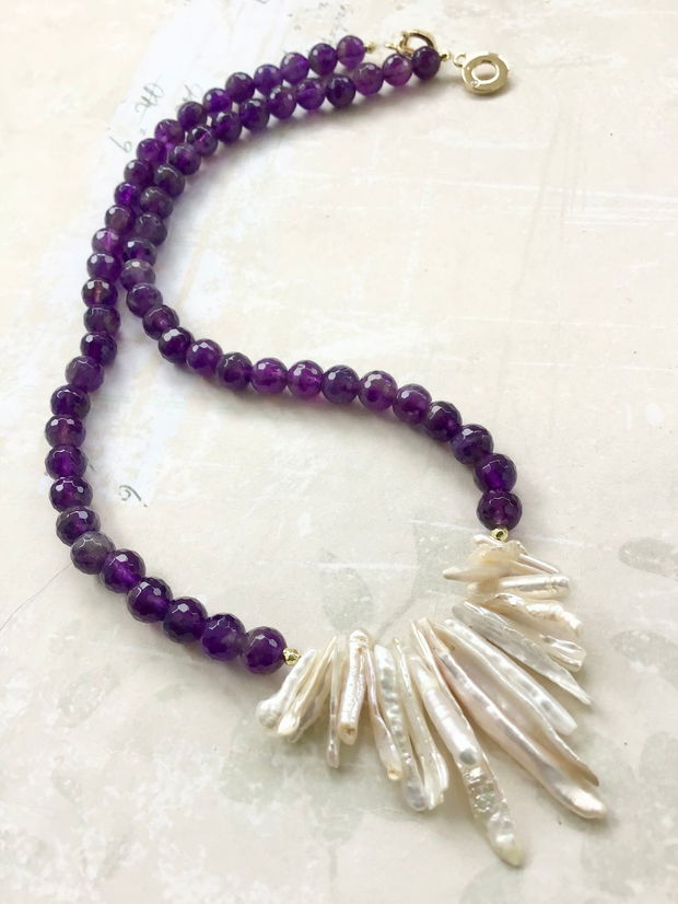Colier ametist & perle Biwa albe