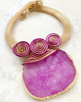 Colier Pandantiv agata druzy ciclam