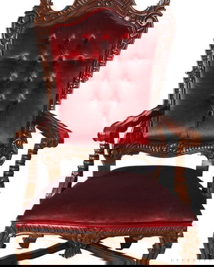 Tron baroc din lemn mahon cu tapiterie catifea rosie