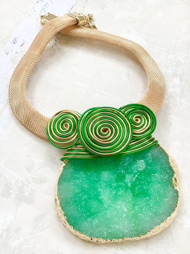 Colier Pandantiv agata druzy verde