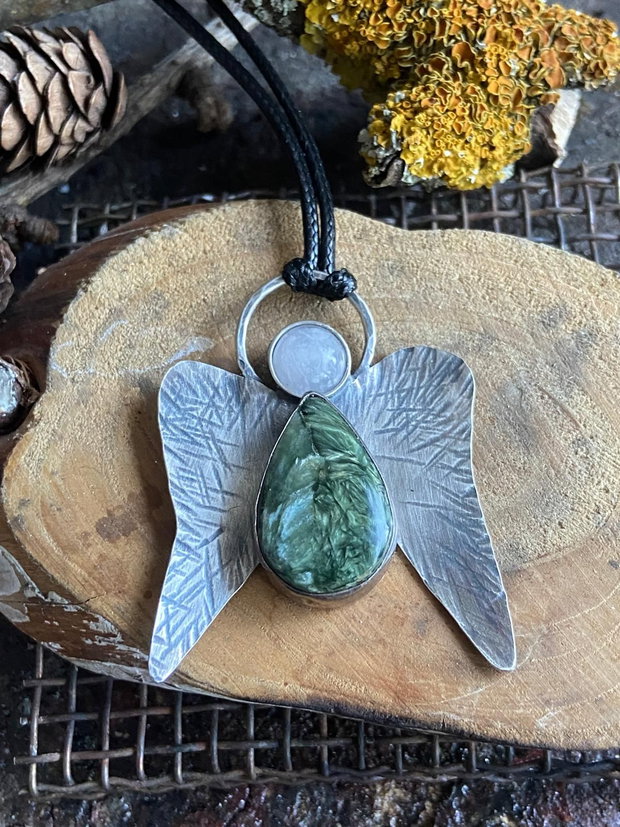 Pandantiv supradimensionat din argint 925, seraphinite si cuart roz, moonstone sau ochi de tigru, inger