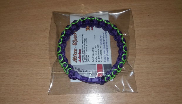 Brățară fixă paracord cusută mov cu verde neon