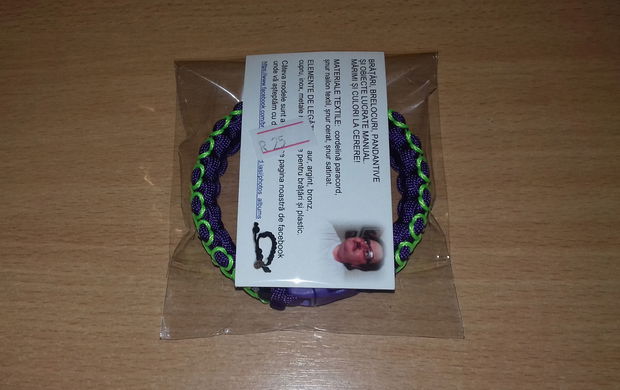 Brățară fixă paracord cusută mov cu verde neon