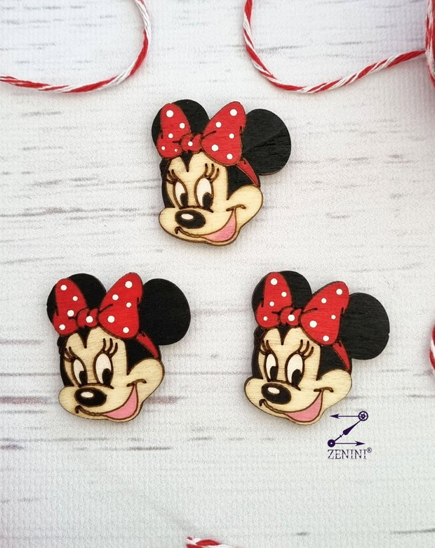 Martisor Minnie Mouse, brosa Minnie Mouse, martisor pictat Minnie, martisor lemn Minnie Mouse
