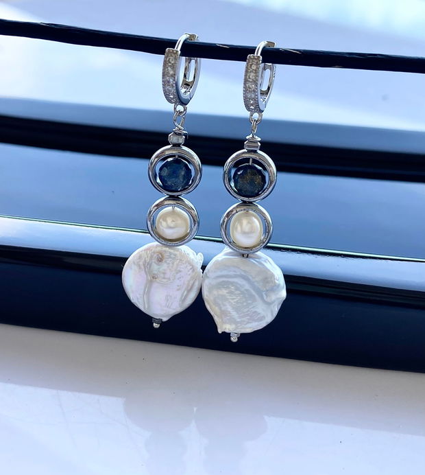 Cercei din argint 925, perle de cultura baroque, lapis lazuli si hematit