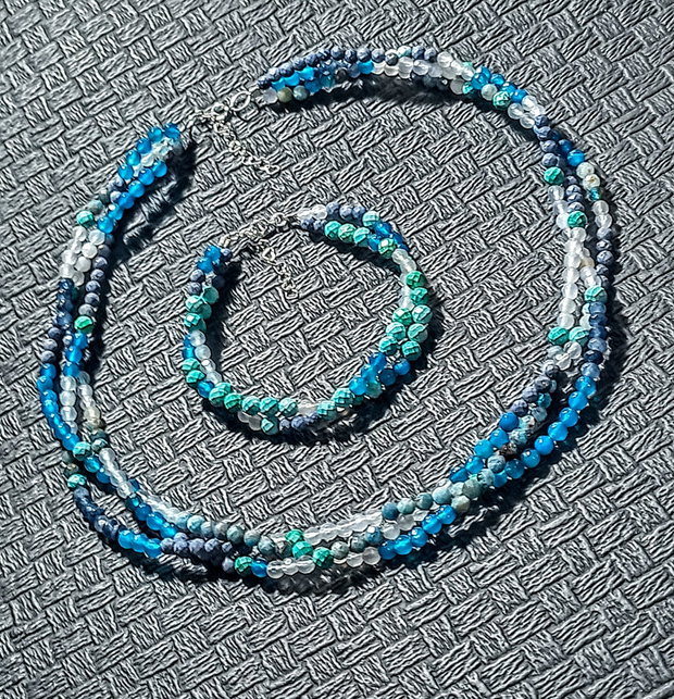 Set argint turcoaz natural apatit coral albastru calcedonie jad colier X3 bratara X2 multisir boho chic trendy cadou - Transport gratuit
