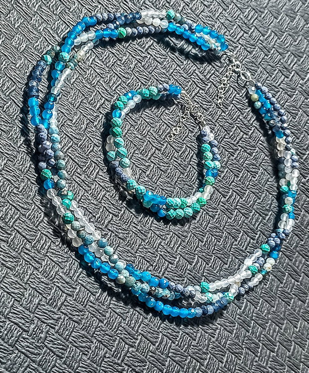 Set argint turcoaz natural apatit coral albastru calcedonie jad colier X3 bratara X2 multisir boho chic trendy cadou - Transport gratuit