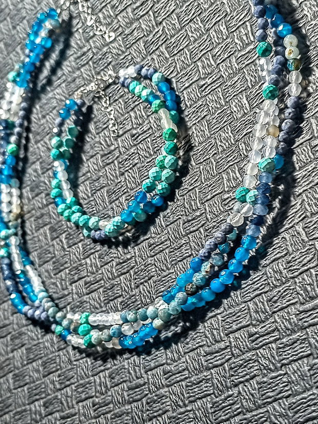 Set argint turcoaz natural apatit coral albastru calcedonie jad colier X3 bratara X2 multisir boho chic trendy cadou - Transport gratuit