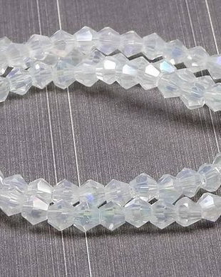 Cristale din sticla, biconice, 2 mm, semiopace, AB, albe-B05