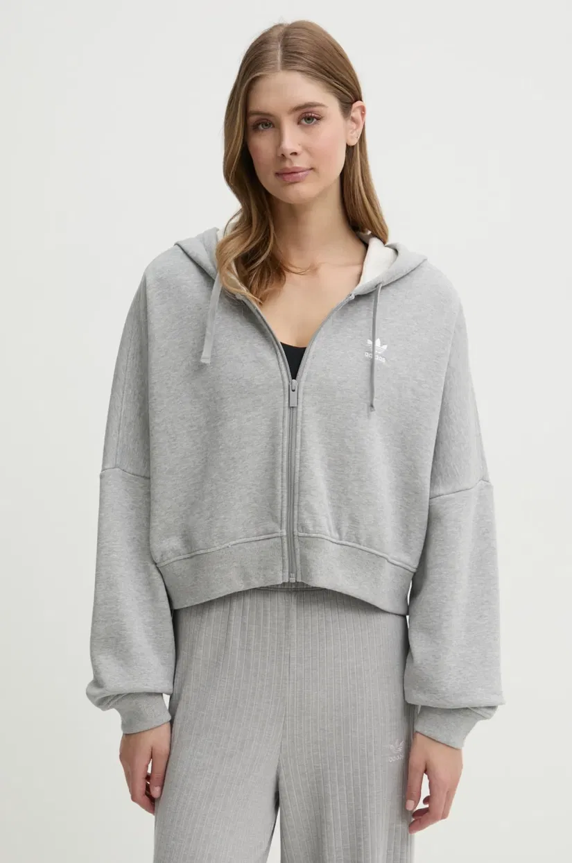 adidas Originals hanorac de bumbac Essential femei, culoarea gri, cu glugă, melanj, JN7844