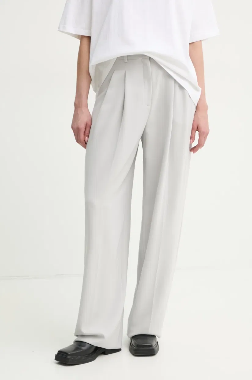 Theory pantaloni femei, culoarea gri, lat, high waist, O1109201