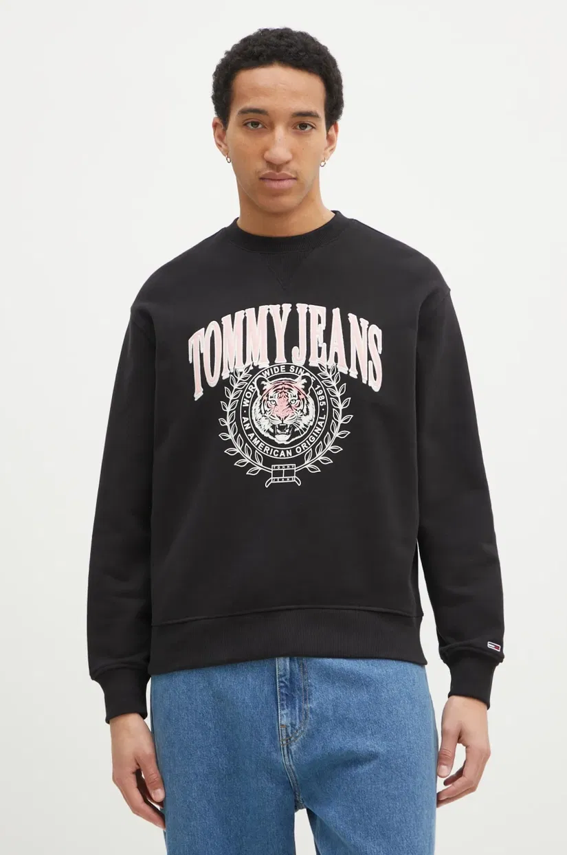 Tommy Jeans hanorac de bumbac barbati, culoarea negru, cu imprimeu, DM0DM20640