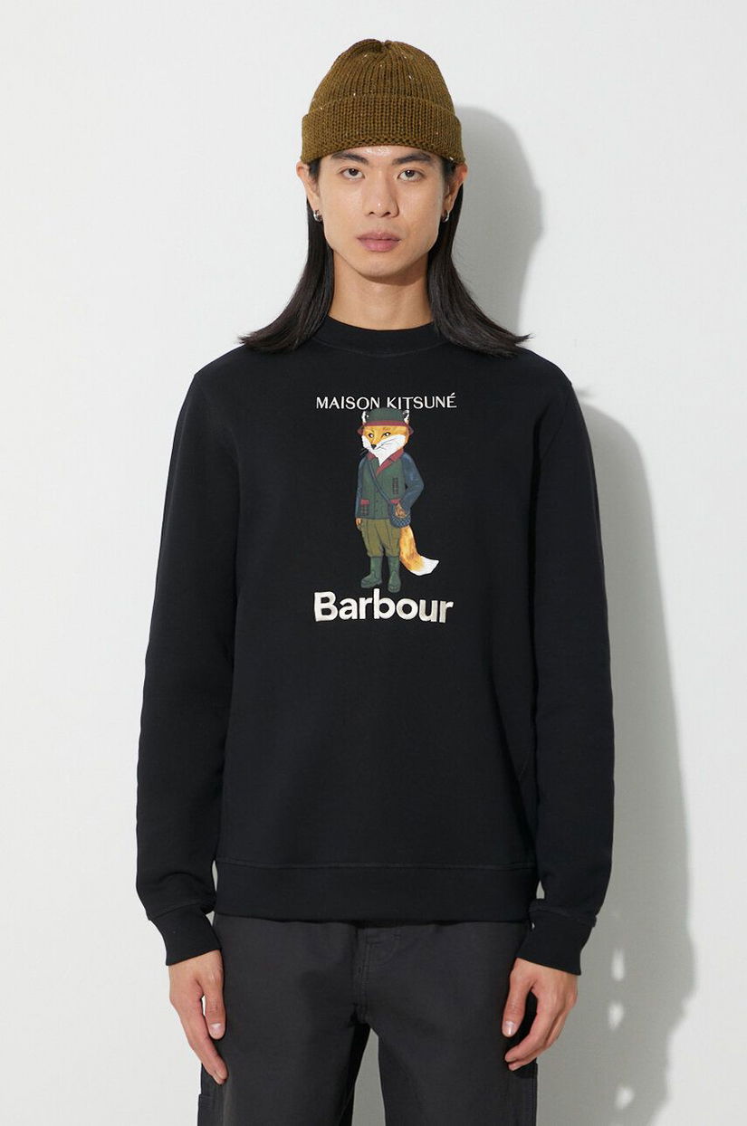 Barbour hanorac de bumbac X Maison Kitsune Fox Head Hoodie bărbați, culoarea maro, cu glugă, cu imprimeu, MOL0569