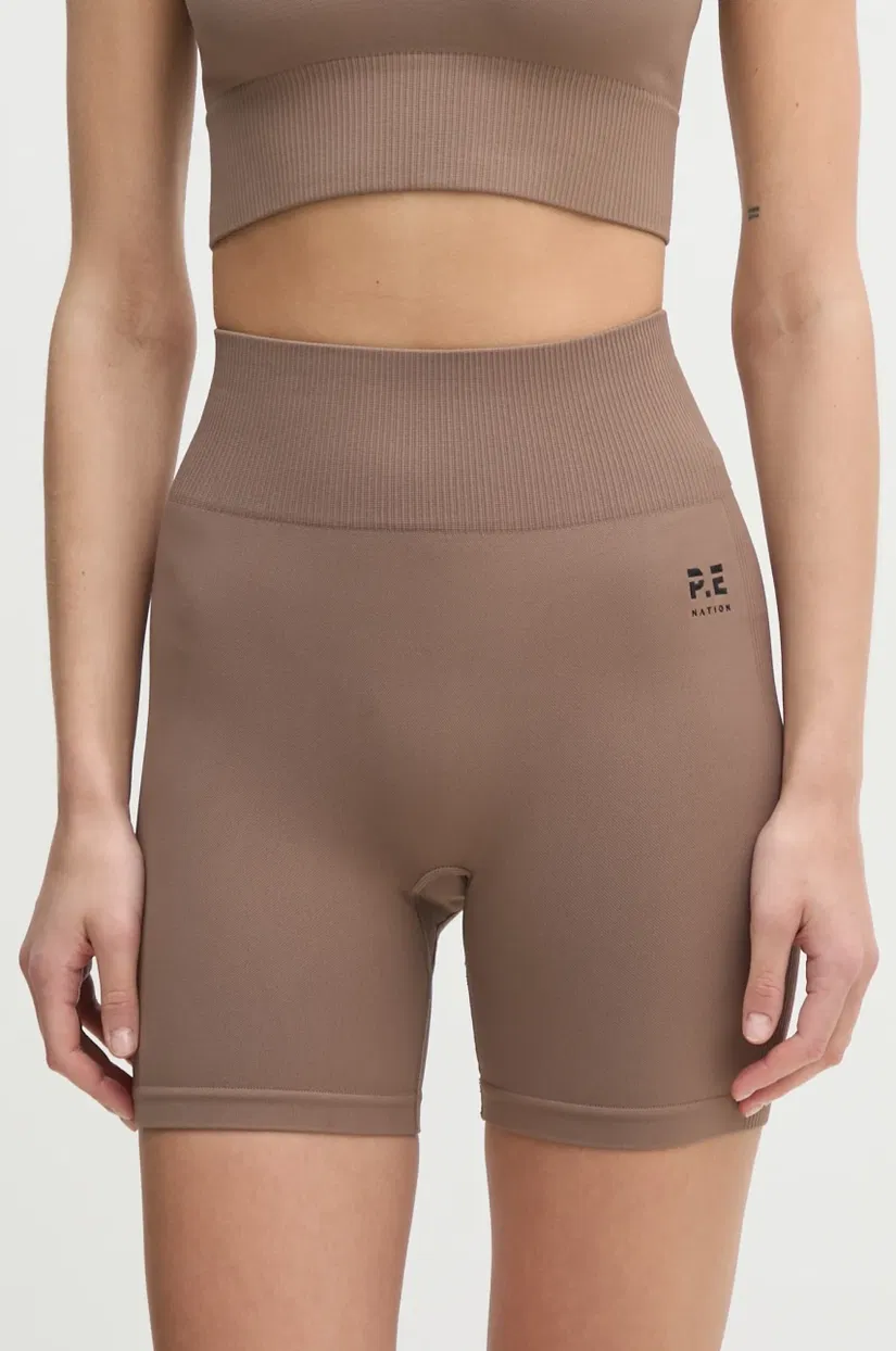 P.E Nation pantaloni scurți de antrenament Restore Seamless culoarea maro, neted, medium waist, 243S296