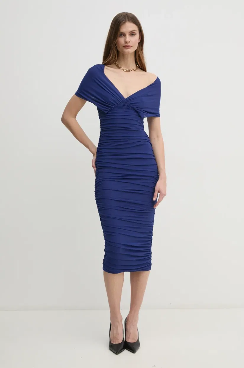 Bardot rochie culoarea bleumarin, midi, mulata, 59756DB