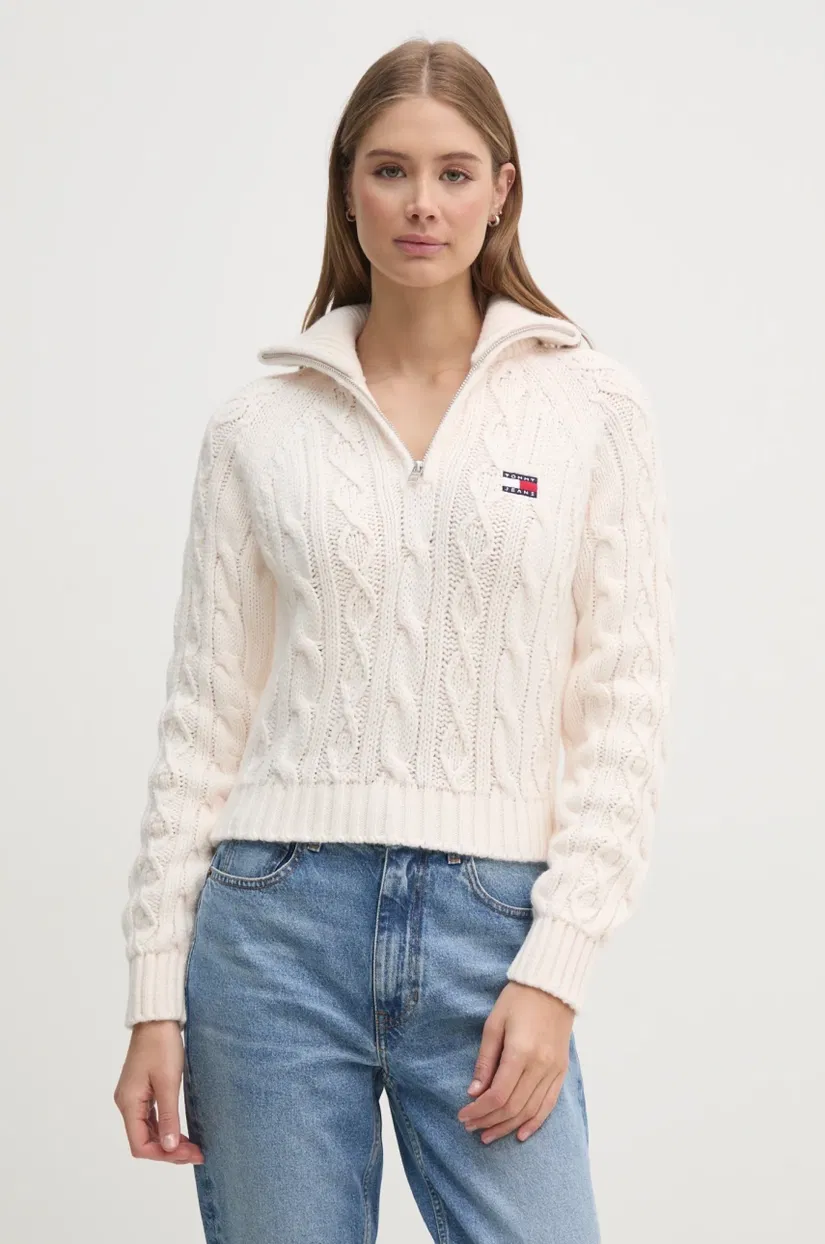 Tommy Jeans pulover din amestec de lână femei, culoarea bej, cu guler, DW0DW20269