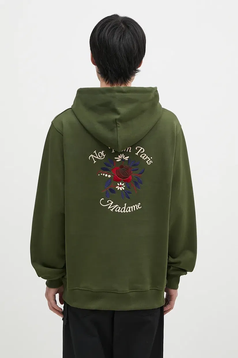 Drôle de Monsieur hanorac de bumbac Le Hoodie Slogan Fleurs barbati, culoarea verde, cu glugă, cu imprimeu, E-HO169-CO127-KK