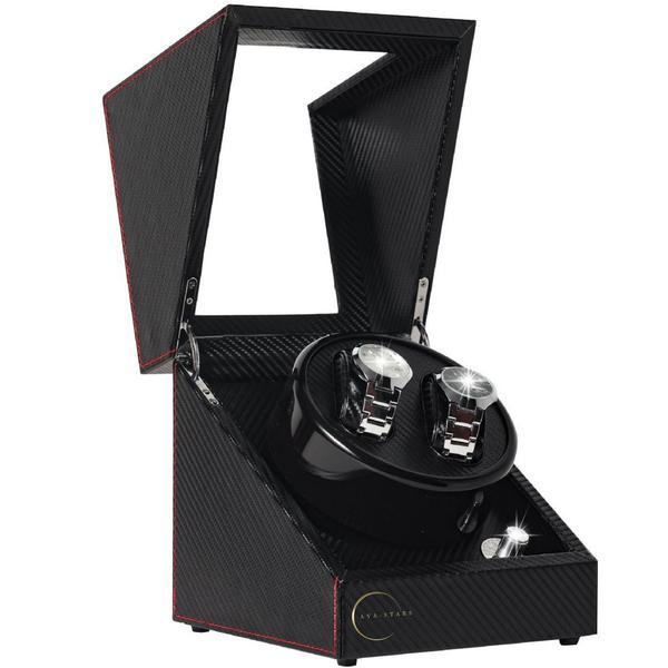 Cutie de intors ceasuri automatice, watch winder 2, cu 4 moduri de rotatie, interior si exterior din piele, negru dungat