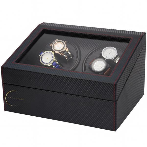 Cutie intors ceasuri automatice, cu spatiu de depozitare pentru 6 ceasuri mecanice, watch winder 4+6, Interior si Exterior Piele, Negru cu Rosu