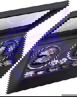 Cutie intors ceasuri automatice, cu spatiu de depozitare pentru 6 ceasuri mecanice, watch winder 4+6, Interior din catifea gri inchis, cu LED, Negru