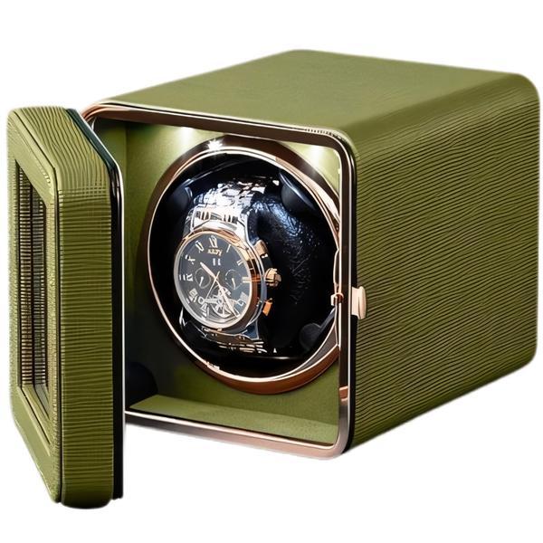 Cutie ceas, Rotator pentru 1 Ceas Automatic, Watch Winder 1, Ava-Stars &reg;, Exterior din Piele, Verde Inchis