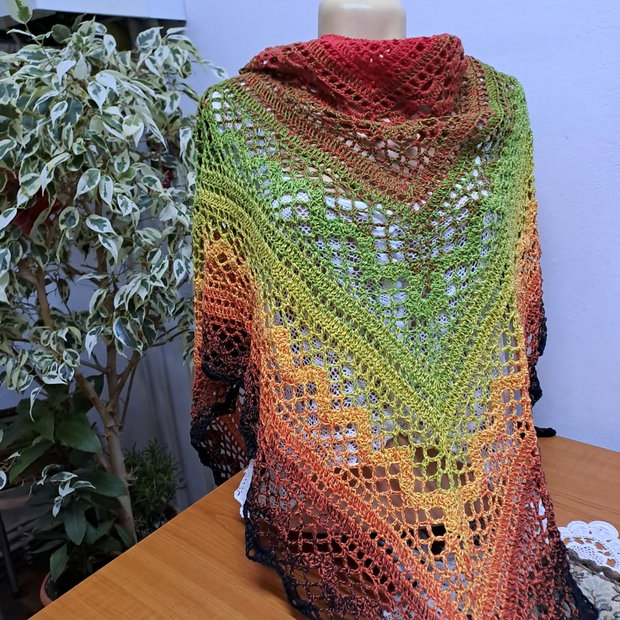 Șal croșetat,,flowers"rosu/verde