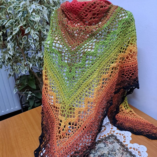 Șal croșetat,,flowers"rosu/verde