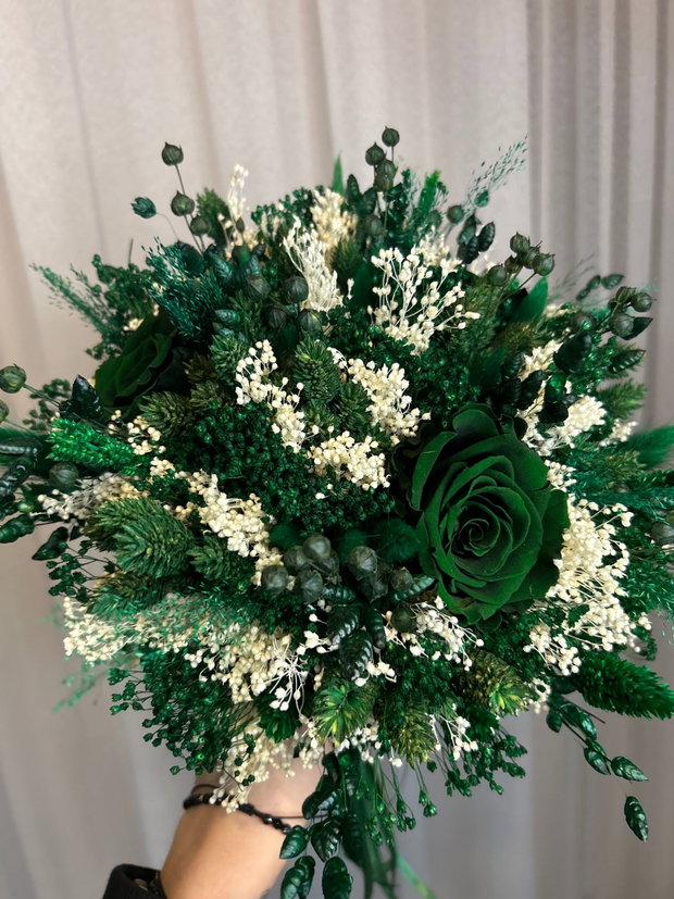 Buchet flori criogenate si uscate nasa verde smarald