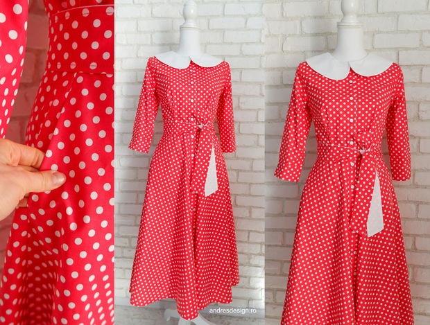 Rochie Camasa Rosie cu Buline si Guler Mare Rotund Alb