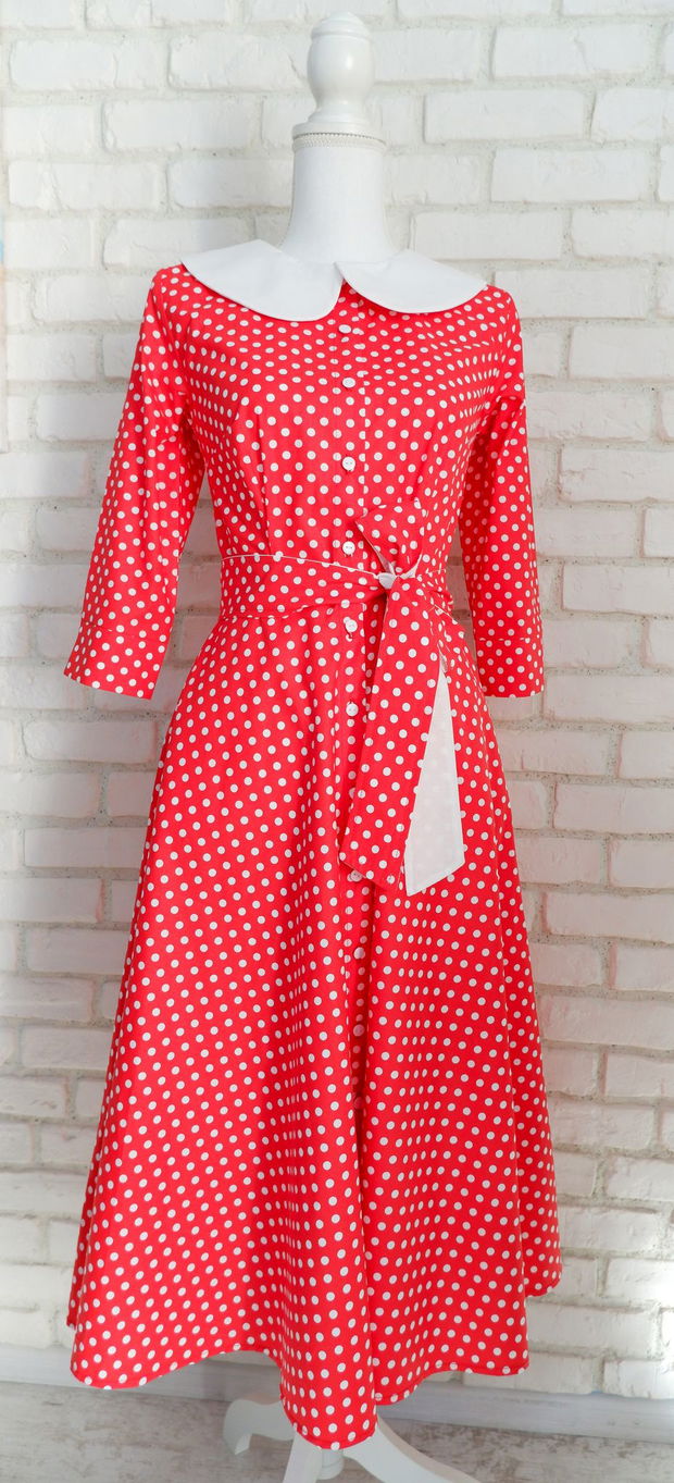 Rochie Camasa Rosie cu Buline si Guler Mare Rotund Alb