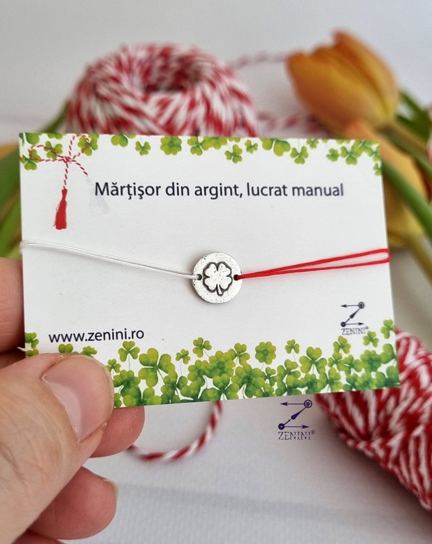 Martisor trifoi argint, bratara trifoi cu patru foi, bratara martisor, bratara reglabila martisor, martisor argint