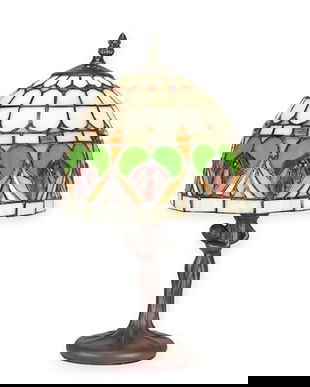 Lampa de masa Tiffany cu abajur clopot si picior metal