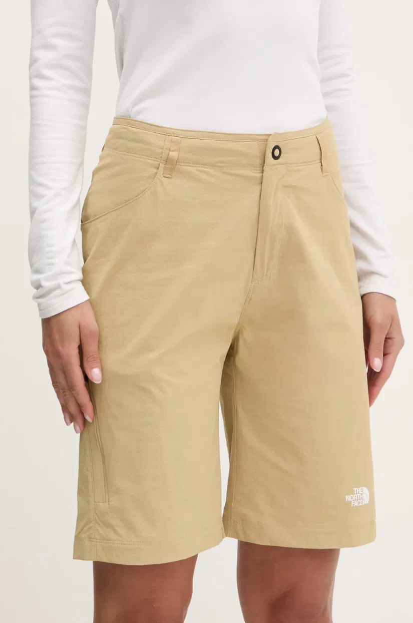 The North Face pantaloni scurți outdoor Exploration culoarea verde, neted, high waist, NF0A8BS3LK51