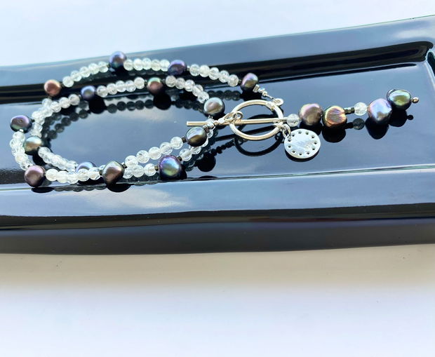 Colier argint, cristal de stanca, perle de cultura si hematit