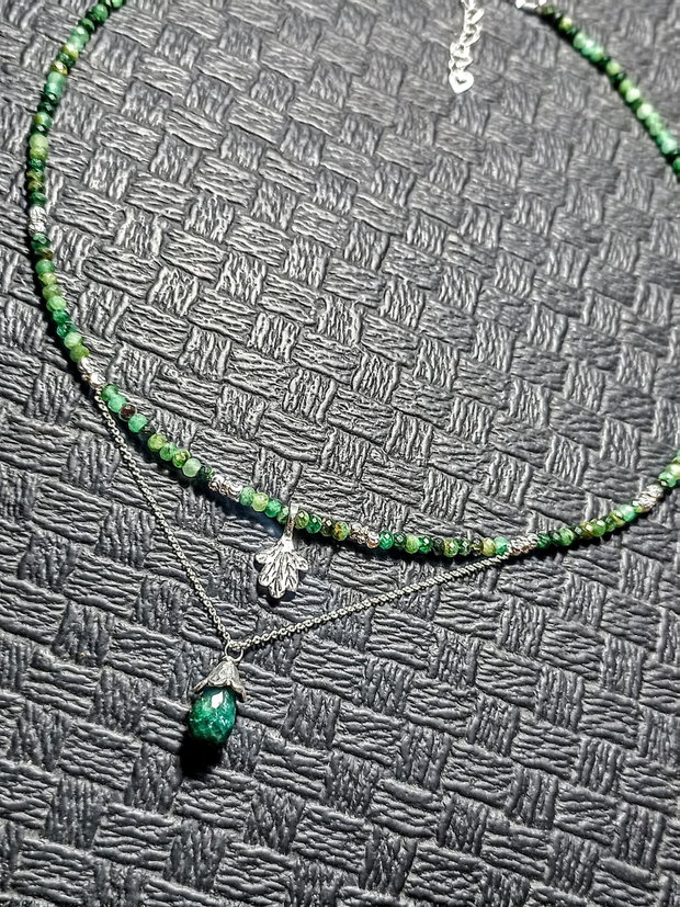 Colier argint smarald charm frunza lant argint minimalist boho chic trendy - Transport gratuit