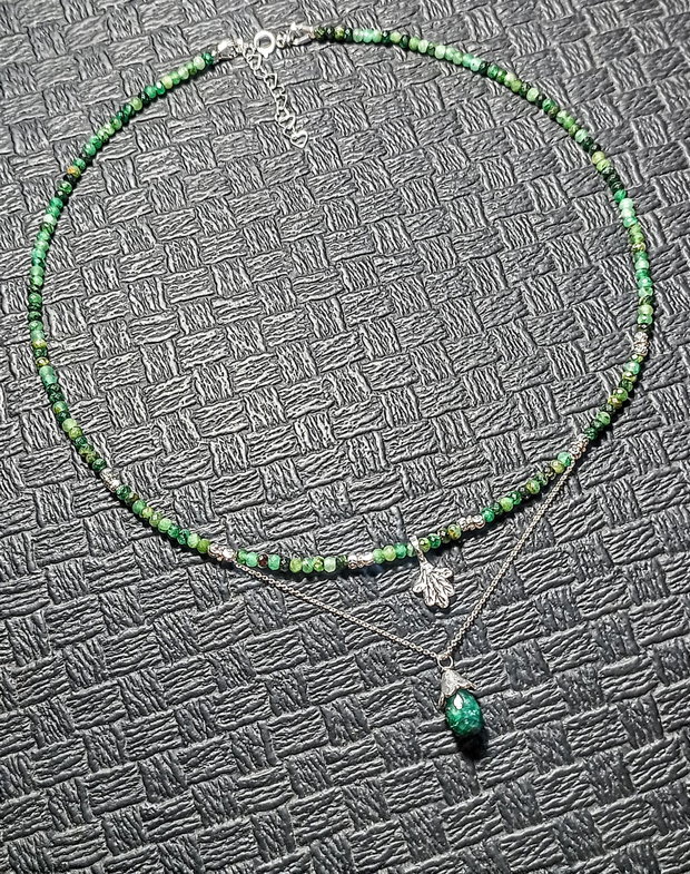 Colier argint smarald charm frunza lant argint minimalist boho chic trendy - Transport gratuit