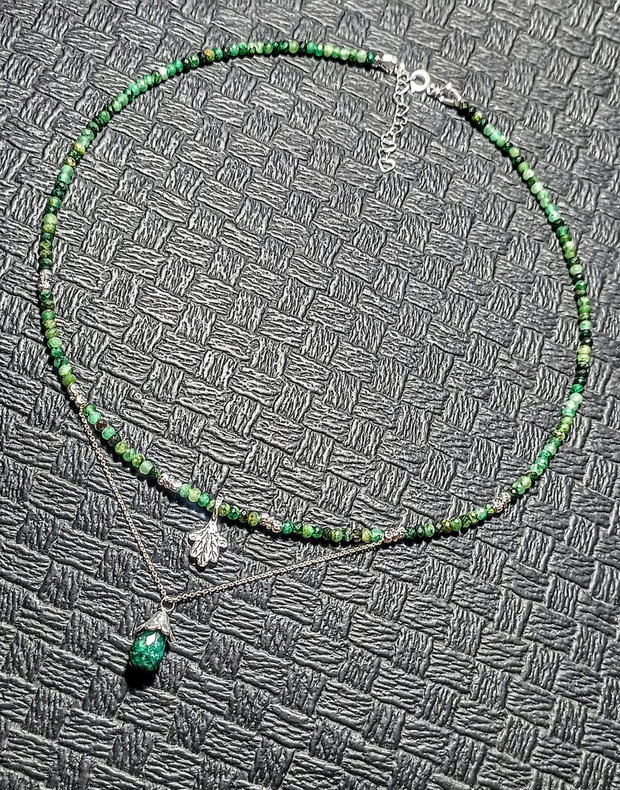 Colier argint smarald charm frunza lant argint minimalist boho chic trendy - Transport gratuit