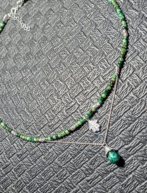 Colier argint smarald charm frunza lant argint minimalist boho chic trendy - Transport gratuit