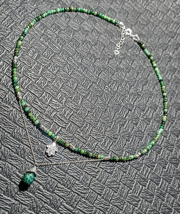 Colier argint smarald charm frunza lant argint minimalist boho chic trendy - Transport gratuit