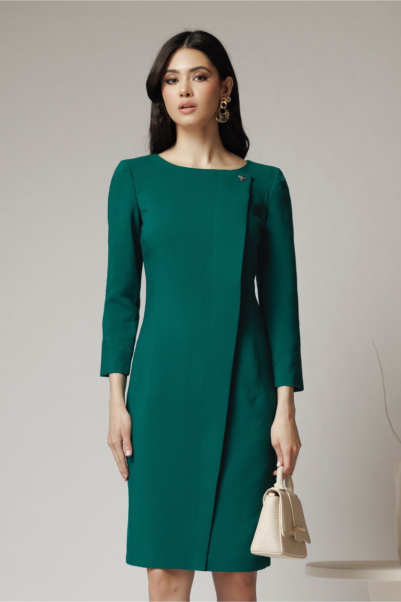 Rochie office din stofa verde cu accesoriu discret