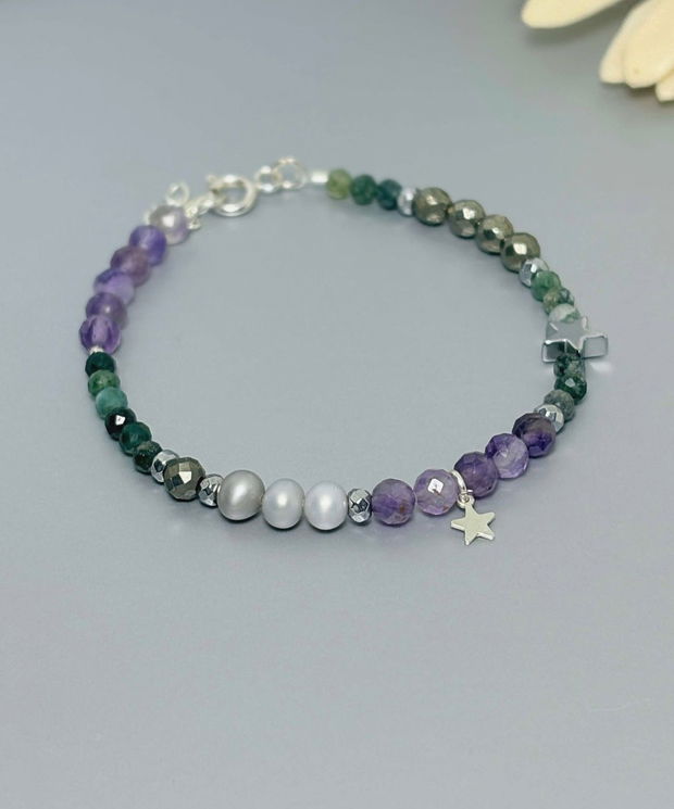 Bratara ametist, perle, hematit, pirita & agate moss. Transport gratuit