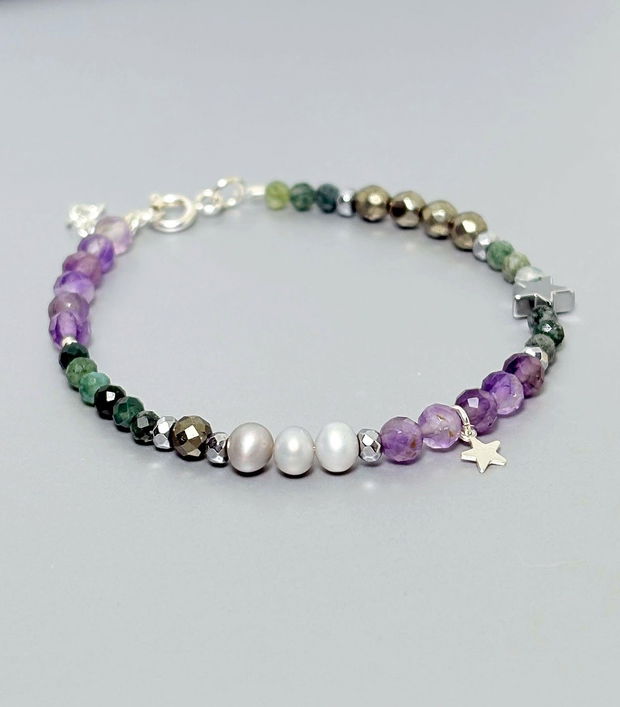 Bratara ametist, perle, hematit, pirita & agate moss. Transport gratuit