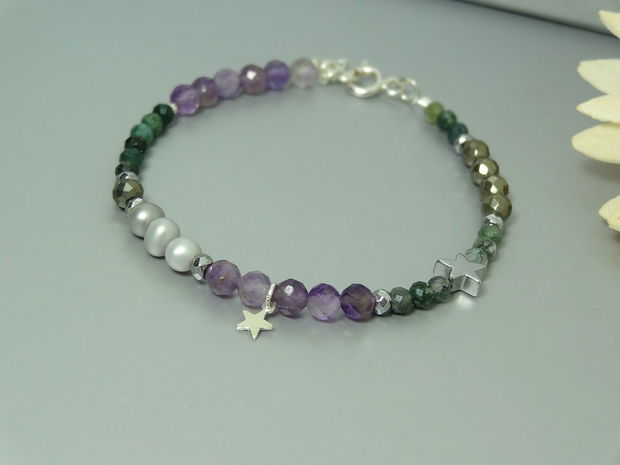 Bratara ametist, perle, hematit, pirita & agate moss. Transport gratuit