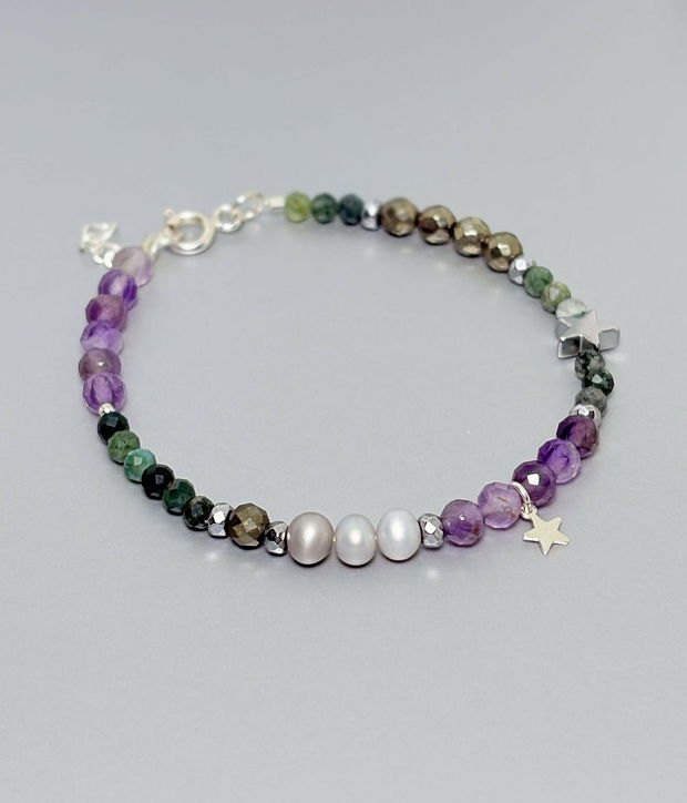 Bratara ametist, perle, hematit, pirita & agate moss. Transport gratuit