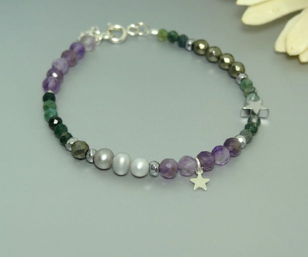 Bratara ametist, perle, hematit, pirita & agate moss. Transport gratuit